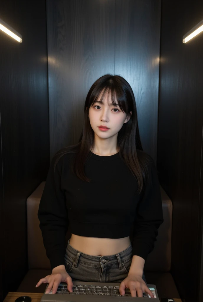 there is a woman sitting in a chair in a room, a picture by Yang J, tumblr, realism, korean girl, sitting in a lounge, gorgeous young korean woman, beautiful south korean woman, taken in 2 0 2 0, 8k)), sakimichan, korean woman, gorgeous lady, ulzzang, black outfit, wearing in black clothes