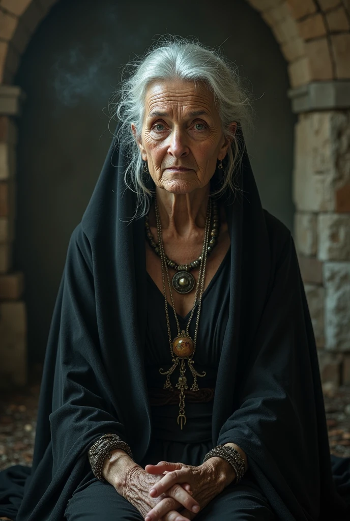 An old lady in black medieval clothes is thin and old with a serious expression, similar to the Mexican actress Angeline Fernandez.