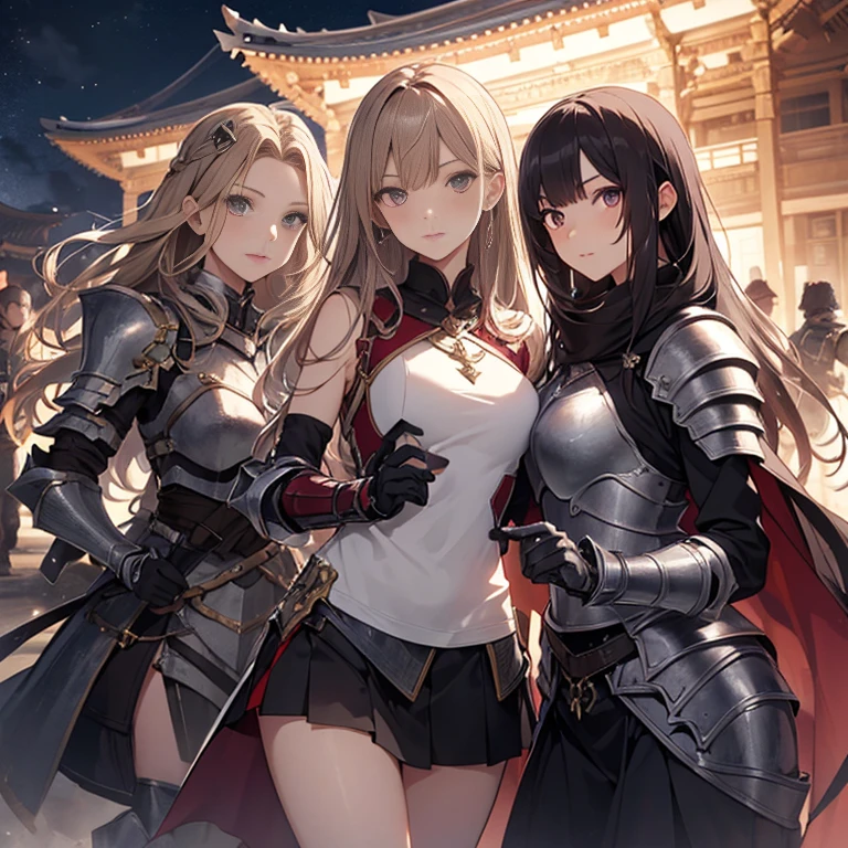(Plural of girls: 1.6), (3 girls: 1.8),(Rotten tree: 1.5, Desolate earth: 1.5, (Red sky: 1.3)), (Detailed depiction of a dark world view: 1.4), (Super beautiful CG, high image quality, highest quality), (Emotionless , Shining eyes, medium breasts), (Masterpiece: 1.8), ((Super quality)), ((Ultra detailed illustrations)), ((Stunning CG)),
BREAK
((long hair, (silver hair), (red eyes), shoulder mail, gauntlets, plate mail, miniskirt, (blue costume))),
BREAK
((Short hair, (black hair), (red eyes), shoulder mail, gauntlets, leather clothes, miniskirt, (black costume))),
BREAK
((Long hair, (Brown hair: 1.1), (Green eyes: 1.1), Cleric's robe, (Gold embroidery))),
, (All standing: 1.4), (All standing side by side: 1.5)
, (Front: 1.3), (Up to the knee: 1.3)
(Plural of girls: 1.6), (3 girls: 1.8)