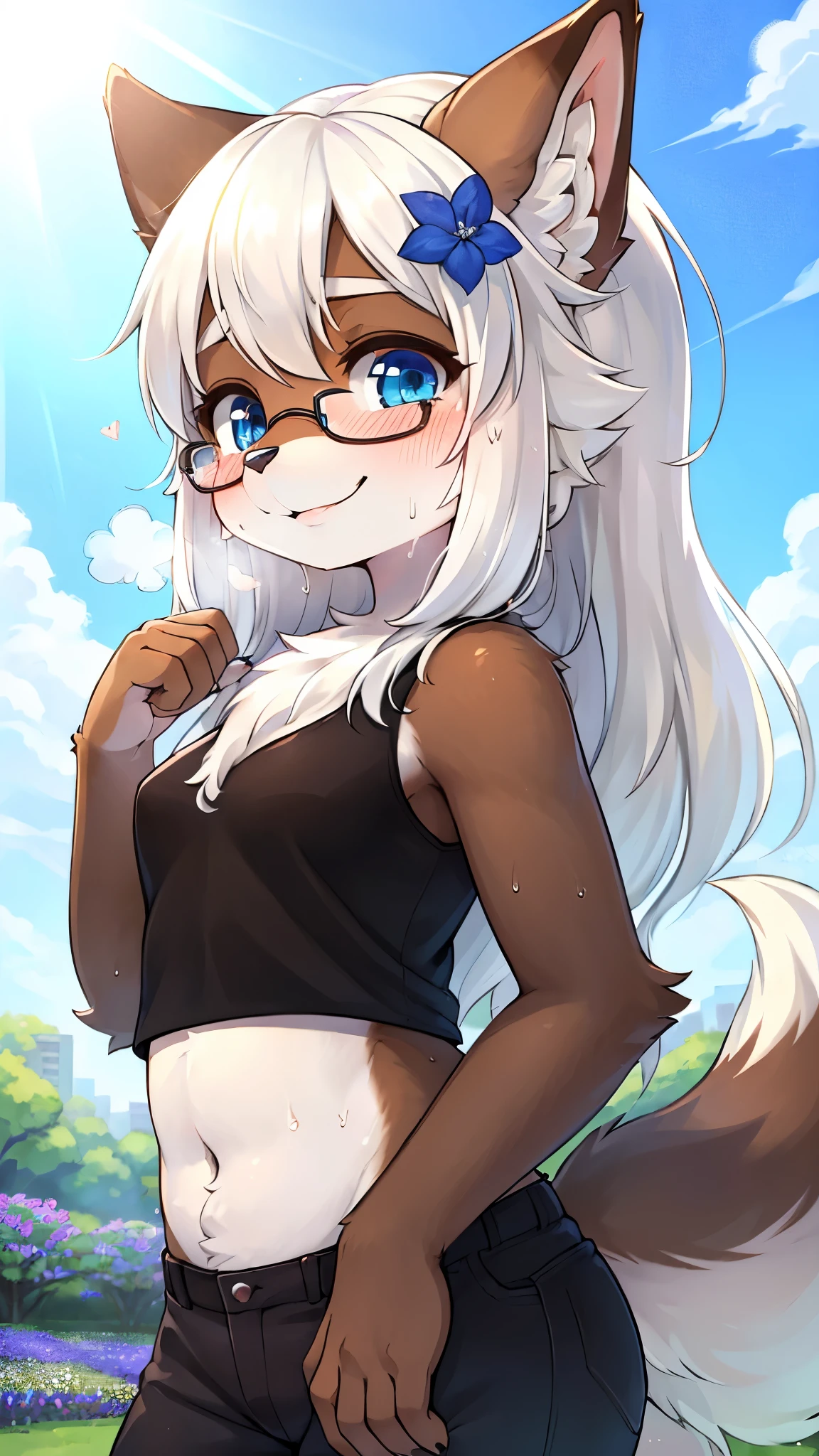 best quality,best resolution,(fluffy anthro furry :1.3),(young :1.6),cat girl,flat chest,white hair,long hair,purple eyes,glistering eyes,glowing eyes,(brown skin :1.6),(white cat ears),(white cat tail),glasses,heart collar,floral hair ornaments,(white strapless with ribbon embroidery),(white denim shorts),public park,light and shadow,among the crowd,full face blush,heavy breath,heart expression eyes,heart eyes,sexy face,close eyes,smile,bare belly,smile,looking back,hand at mouth,back view,open mouth,sexy post,