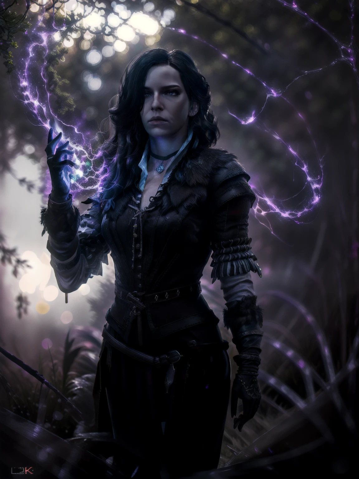 a beautiful woman with long dark hair, piercing violet eyes, sharp features, pale skin, ornate black and purple dress, standing in a magical forest with mystical glowing plants and floating particles, dramatic lighting, ethereal atmosphere, cinematic composition, fantasy art style, digital painting, (best quality,4k,8k,highres,masterpiece:1.2),ultra-detailed,(realistic,photorealistic,photo-realistic:1.37),HDR,UHD,studio lighting,ultra-fine painting,sharp focus,physically-based rendering,extreme detail description,professional,vivid colors,bokeh, backwards, looking back