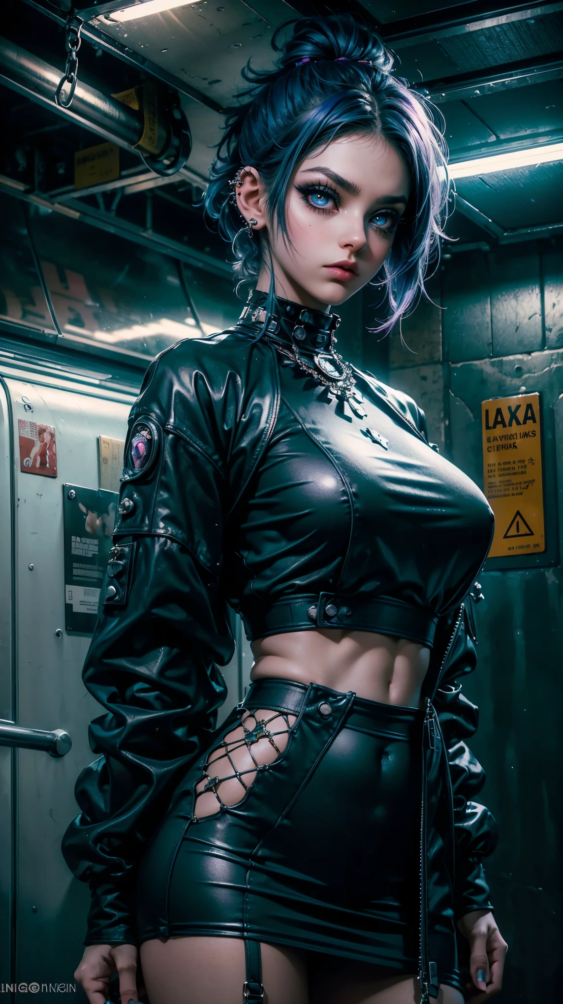 Forced perspective, VERY CLOSE, portrait of the face, raw, Young Girl, pale skin , thin, melancholic expression , with blueish purple hair, medium asymmetrical hair, punk bob hairstyle, huge crystal eyes, bright purple eyes, thick black eyeliner, pose leaning against wall, oversized punk clothing, bracelets and piercings, in front, open punk jacket, neckline, Low-cut net top , fine grain skin texture, (make-up: 1.2), ( big eyes: 1.5), ( Big breasts: 1.1), (Constriction: 1.2), pose leaning against wall con grafitis de una estación de metro, sexy pose, curved body, (top quality, masterpiece, absurd: 1.2), abandoned subway station, Garbage on the floor, Luz outfit, vapor, gloomy atmosphere, Reflected light, low light image , ( particles of light: 1.2), ultra Detailed , cinematic shot, new york subway station, Karina of aespa