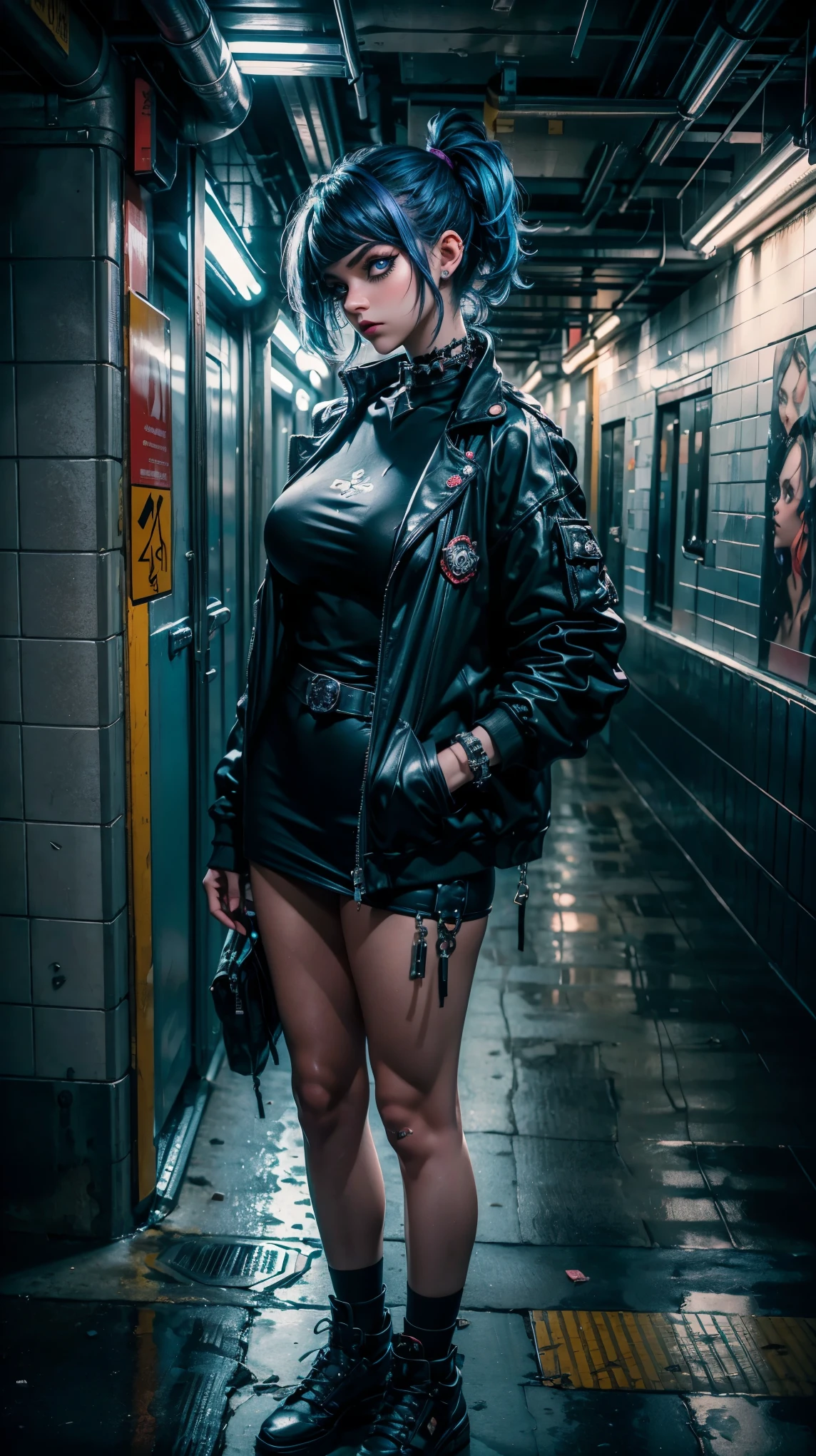 from above, Pointed angle , Forced perspective, VERY CLOSE, portrait of the face, raw, Young Girl, pale skin , melancholic expression , with blueish purple hair, medium asymmetrical hair, punk bob hairstyle, huge crystal eyes, bright purple eyes, thick black eyeliner, pose leaning against wall, oversized punk clothing, bracelets and piercings, Profile 3/4, open punk jacket, neckline, red top, fine grain skin texture, (make-up: 1.2), ( big eyes: 1.5), ( Big breasts: 1.2), (Constriction: 1.2), pose leaning against graffitied wall of a subway station, sexy pose, curved body, (top quality, masterpiece, absurd: 1.2), abandoned subway station, Garbage on the floor, Luz outfit, vapor, gloomy atmosphere, Reflected light, low light image , ( particles of light: 1.2), ultra Detailed , cinematic shot, new york subway station, Karina of aespa