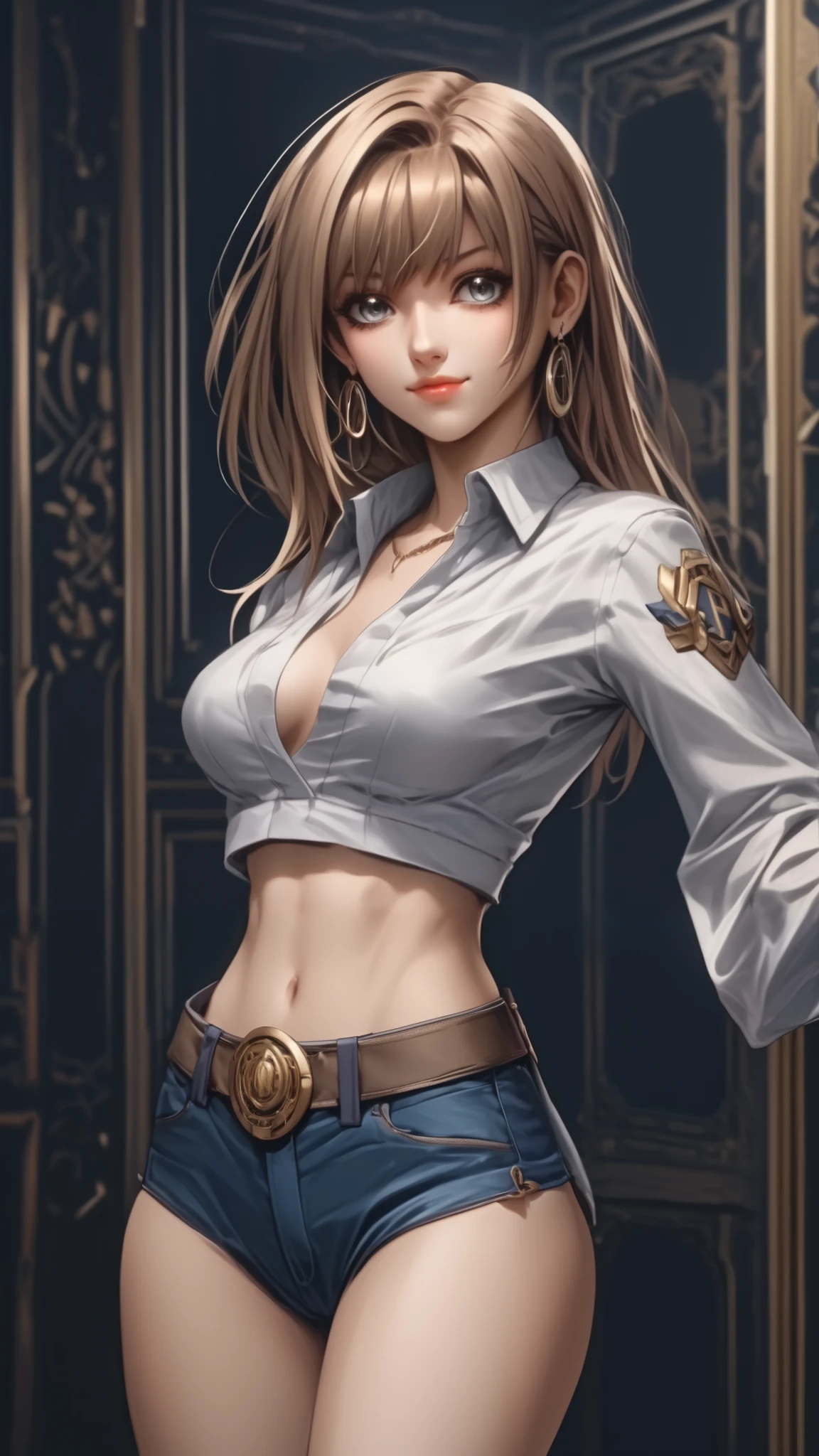 1girl, dark Magician girls. solo, in front of mirror,selfie,hip tilt,,upper body, navel, shirt with "Monst3r" text, midriff, seductive smile, sexy,