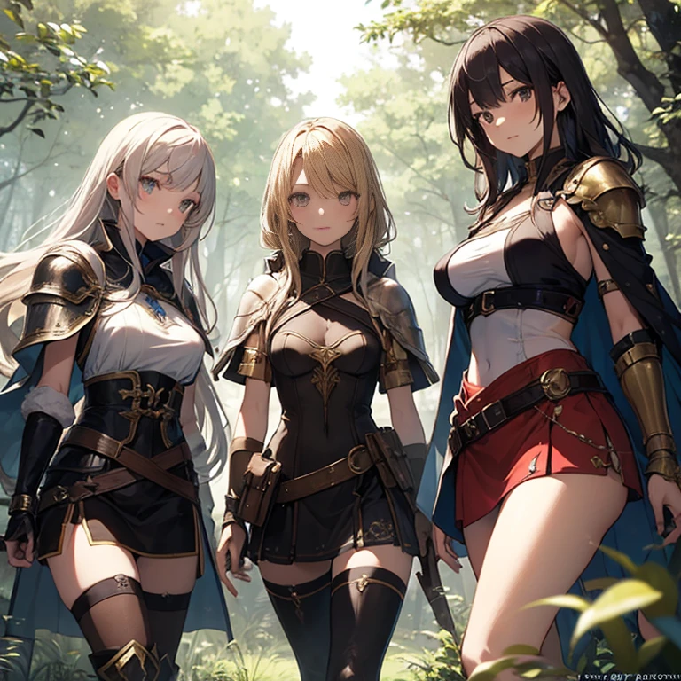 A group of young female knight, (in forest), various hair styles, harem, wearing armored clothes, metal armor, night, details face, , short skirt, seducing, sword, sleeveless , showing armpits, midriff, night, starry night