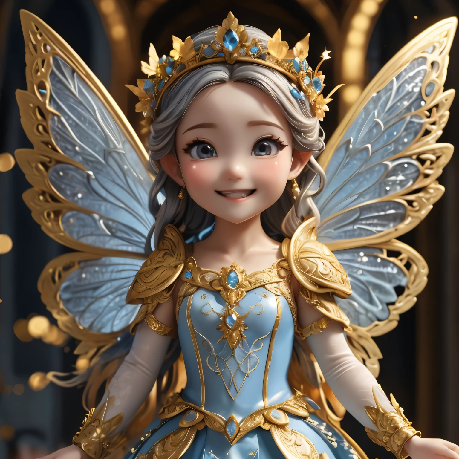  is a fairy of the earth with a cute smile, and the orange, gold, and white costumes are beautiful, and the royal family decorations with flying gold are beautiful。The energy of the sparkling earth 