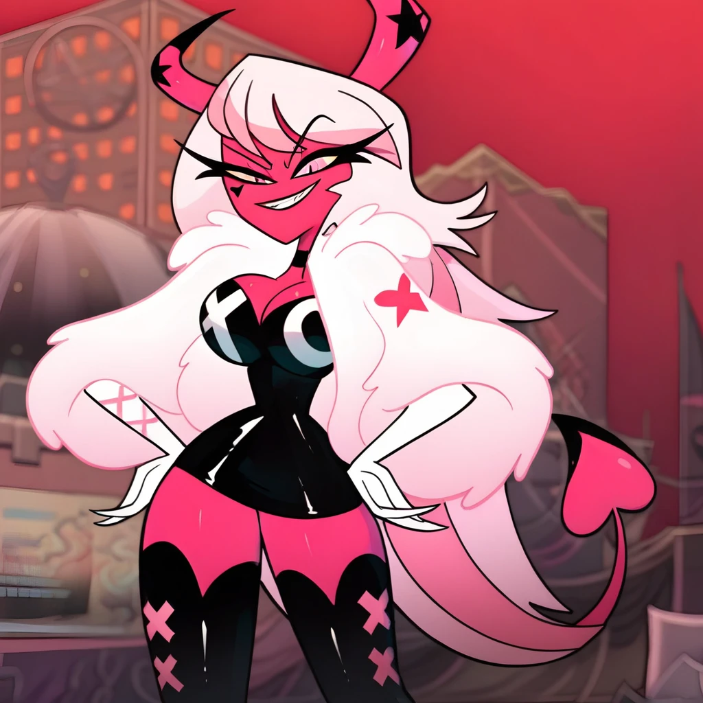 (devil form:1), Verosika Mayday, (black and white dress with black decolas:1.5), (x and o on dress), (dress, black thigh high stockings, black heels:1.2), (pink and red skin, white/pink hair, loose hair, by the wide, devil:1.2), (deep pink skin, devil, together:1.2), (pink eyes, pink eyes y amarillos brillantes, devil eyes, yellow sclera:1.2), (devil girl, colored skin, pink and red skin, horns, colored sclera, yellow sclera, cola, torn clothes, maxi dress, white long gloves), (realist:1.2),  (masterpiece:1.2), (Full body photo:1),(cowboy shot:1.2), Hell beach background, neon lighting, dark romantic lighting, (highly decolaed:1.2),(take off makes:1.2), (gradients), showy, decolaed eyes, (decolaed landscape:1.2), (natural lighting:1.2),(decolaed background),decolaed landscape, (dynamic pose:1.2), shooting they seek, Alone, 