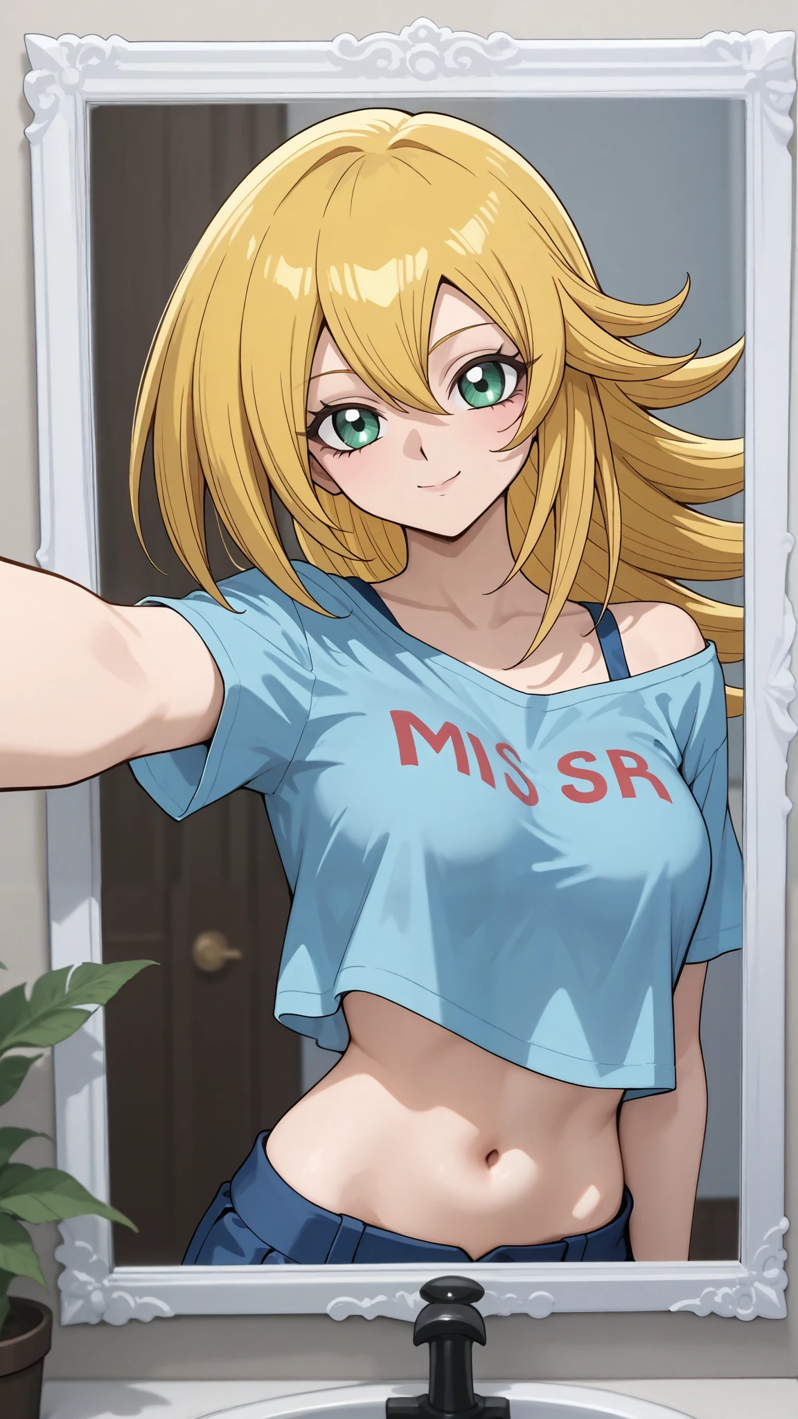 1girl, dark Magician girls. solo, in front of mirror,selfie,hip tilt,,upper body, navel, shirt with "Monst3r" text, midriff, seductive smile, sexy,