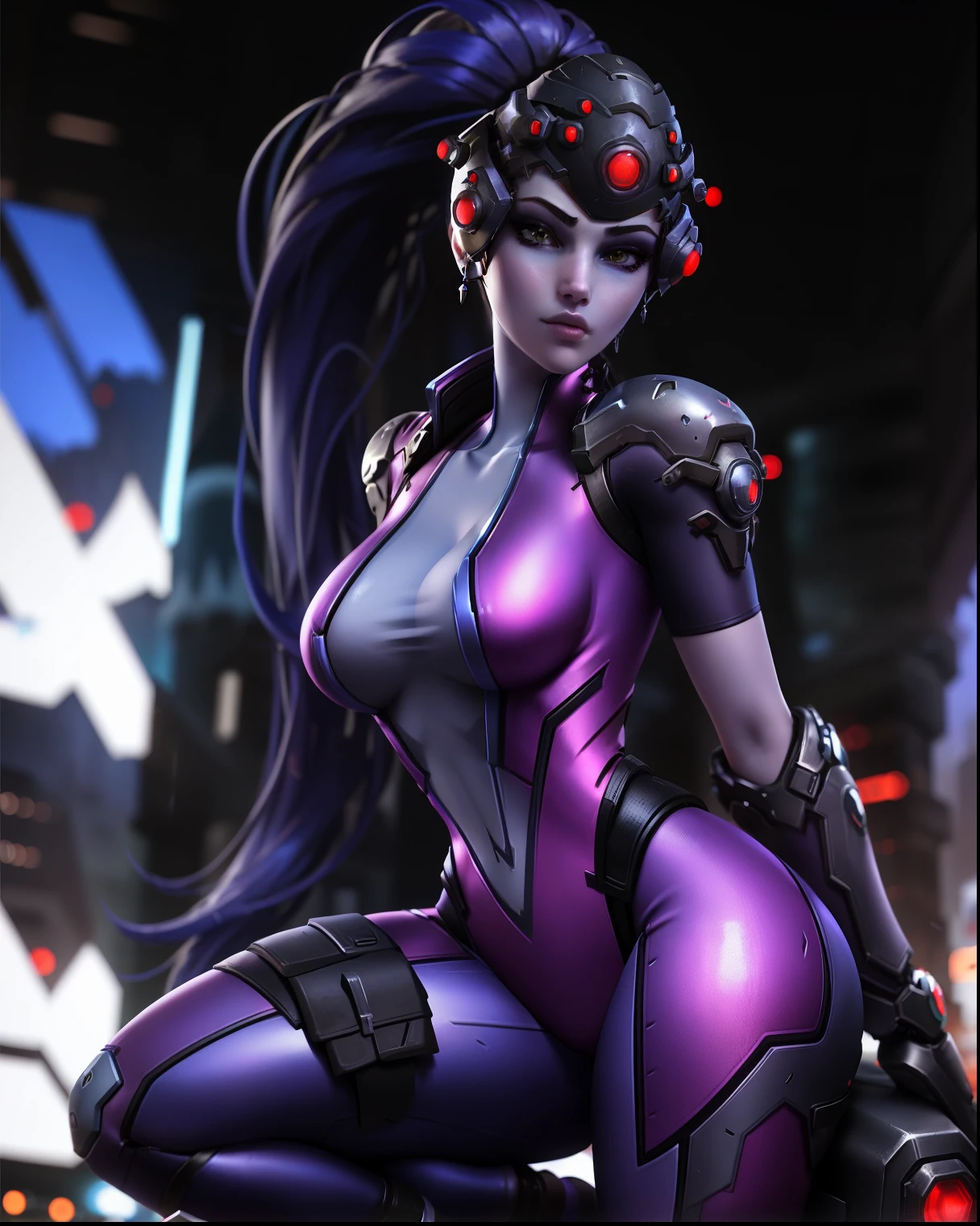 masterpiece, 8k, perfect ligthing, adult, female, looking at viewer, cinematic lighting, cowboy shot, Widowmaker, (purple skin), blue skin, ponytail, yellow eyes, detailed eyes, beautiful lips, (bodysuit), gloves, high heels, Visor, head-mounted display, unreal engine 5, beautiful body, (1women), slender, boob cleavage, blush, shiny_skin, oily skin, 8K, UHD, HDR, (RSEEmma:1.2) ,