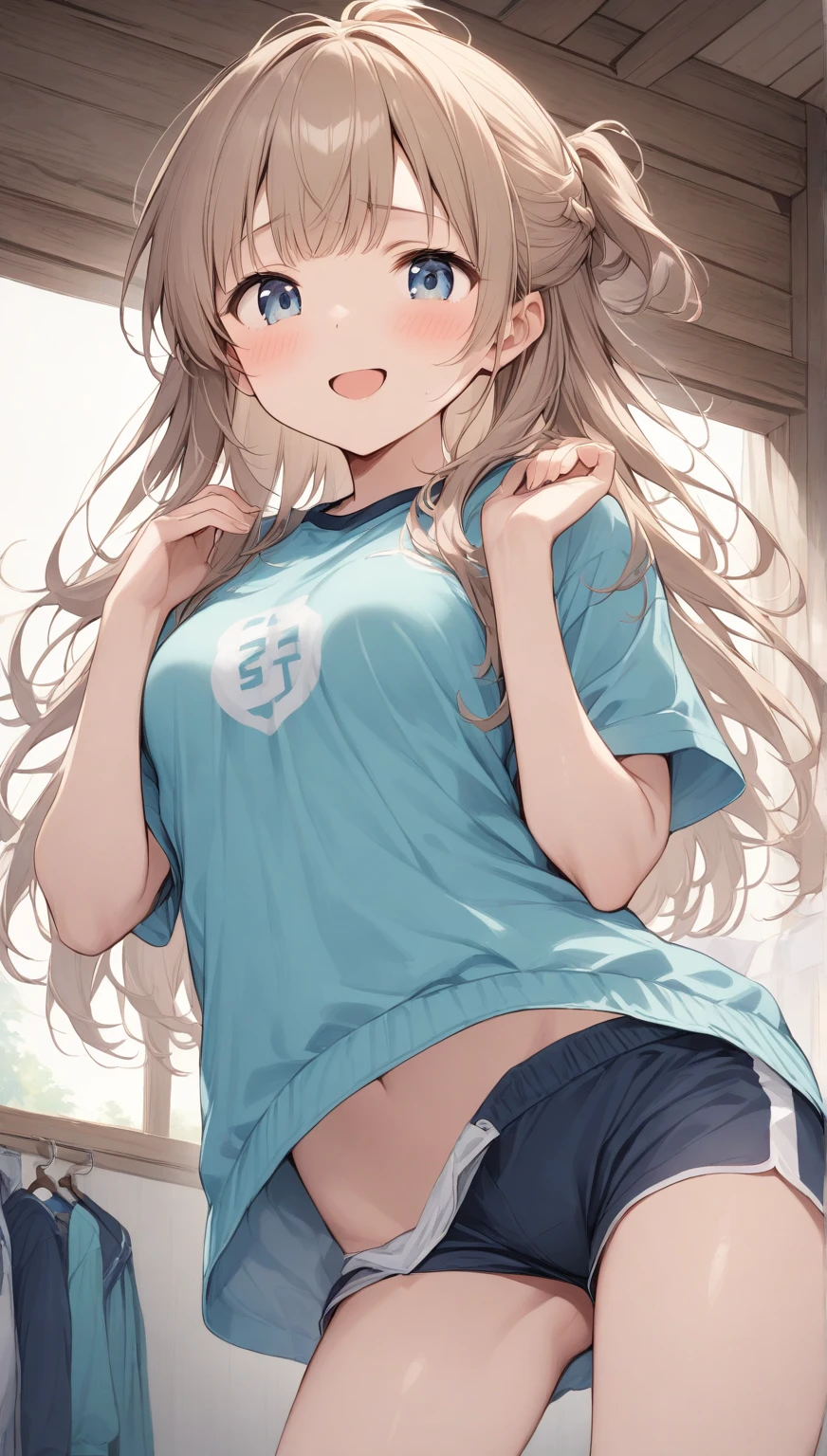 nsfw,(Petite),(boy),blonde low twintails,lips,Flip up a T-shirt,Front pose,Sweat,White Breath,Viewers from the front,Standing posture,