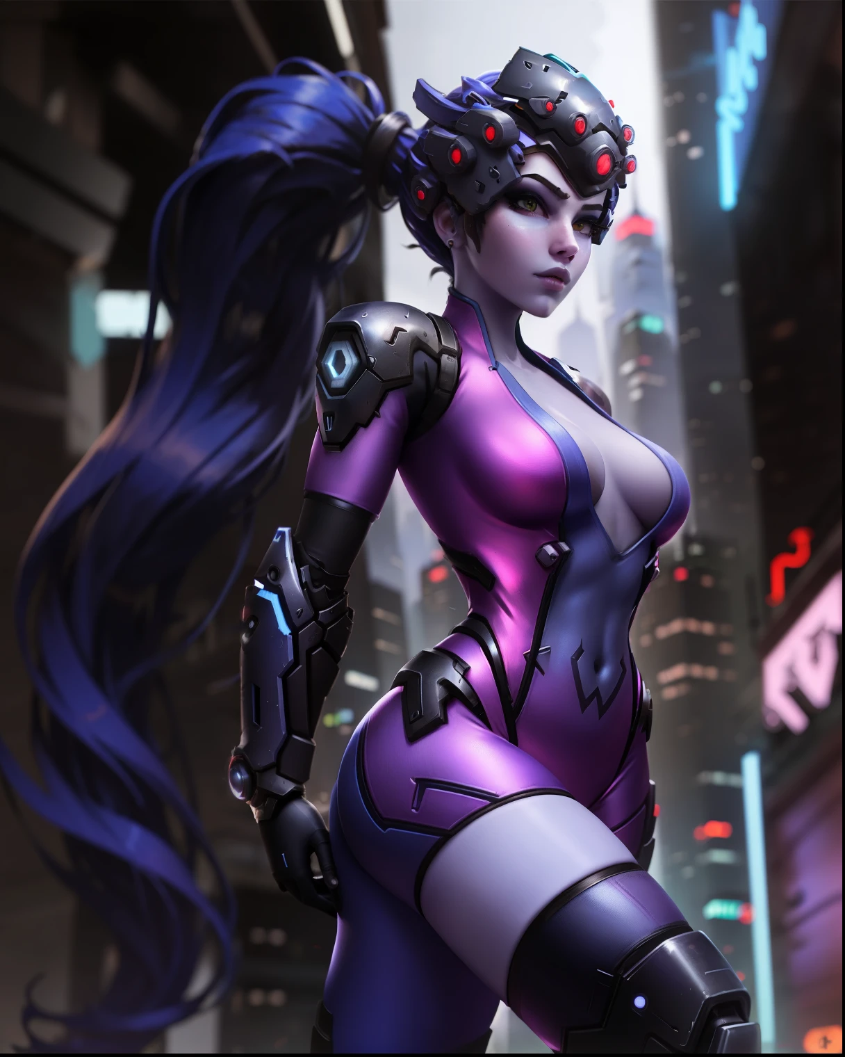 widowmaker, looking at viewer, death glare, waist up, visor, bodysuit, ponytail, skyscraper, solo, sunlight, best quality