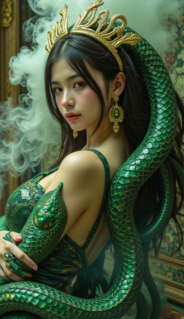"A mermaid bound by red tentacles, lying on the bed with an aroused face. Mermaids have long dark blue hair., wearing a crown adorned with blue jewels, and a beautiful turquoise green scaled dress. The skin is bright and shiny with a little moisture, showing the tension between the tentacles wrapped around his body. The expression on his face showed a mix of pleasure and tension., with big eyes and lips slightly open as a tentacle enters his mouth. The background is a soft mattress with gray pillows. The whole body."