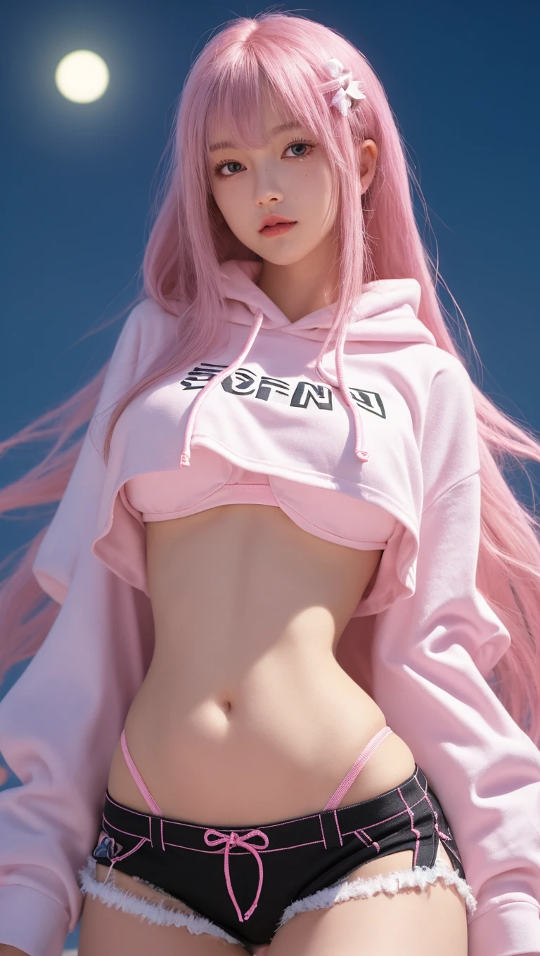 girl, (Lower bust:1.4),Large breasts droop、(ssmile:1.5),Colored inner hair,Long gray hair:1.5,Long unkempt hair:1.35,cabelos preto e longos,Complex hairstyles,(((neon_Pink_There are eyes:1.3))),complex eyes,Beautiful and delicate eyes,symetric eye)),(spider lower abdomen,Willow waist,Wide hips,athletic body build,inflatable legs,Detailed body), Cute big breasts,'s,((((cropped hoodie,)))), (dynamicposes:1.0),Just focus,Embarrassing,(Located in the center,Scale to fit the dimensions,the rule of thirds), Neon lights are particularly eye-catching, very bright neon light,during night, star night, kosmos, artsy photography,(Photos taken by sldr),A high resolution, Focus sharp, (realistic artwork:1.37),(extremely detaild's CG unified 8k wallpapers),((Synthetic wave background theme)),(((vibrant with colors))),iintricate,(intricate background),(tmasterpiece),(Best quality at best),It's a perfect face,Perfect facial detail,Realistic face,Live photos,analogue style,((Complicated details)),(((actual))),