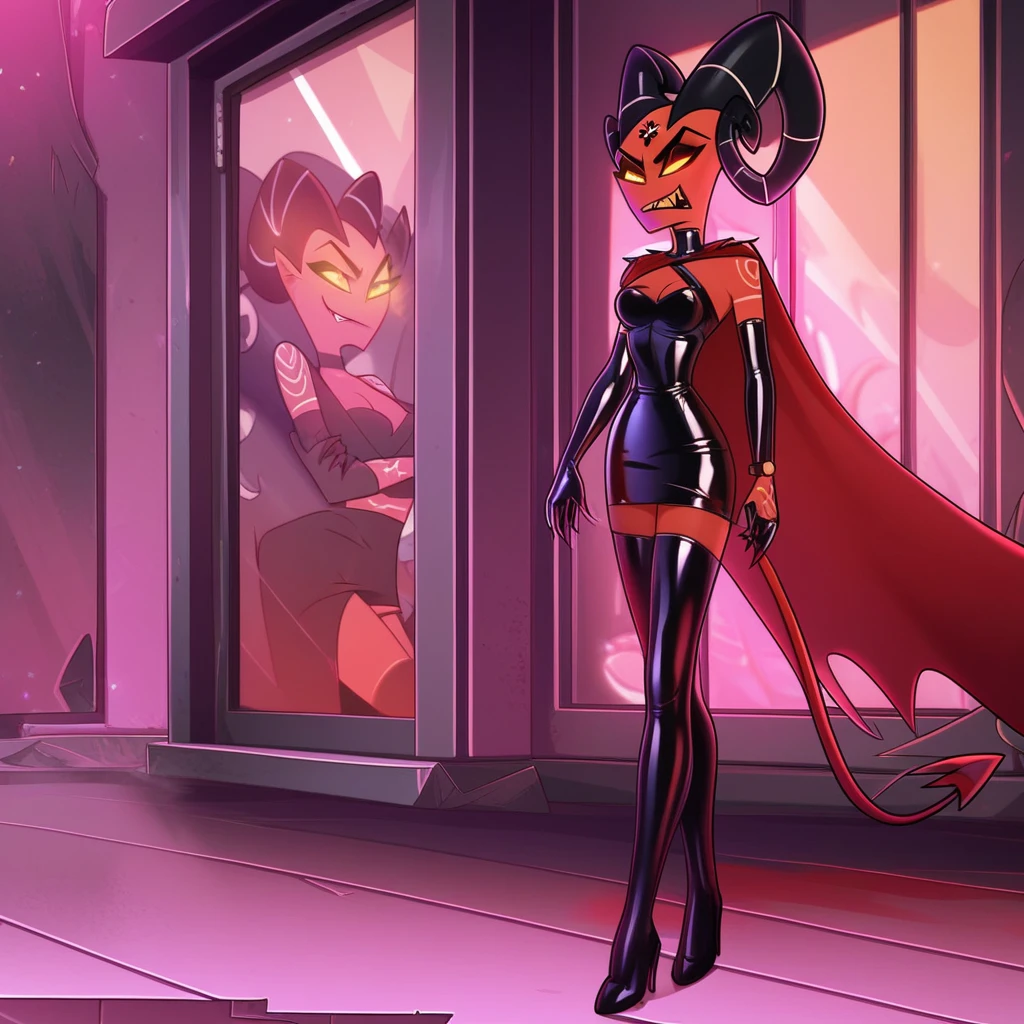 barbie wire, 1girl, demon girl, red skin, forehead tattoo, arm tattoos, horns, striped dress, leather jacket, screencap, front facing view, (curvy:2), closed mouth,