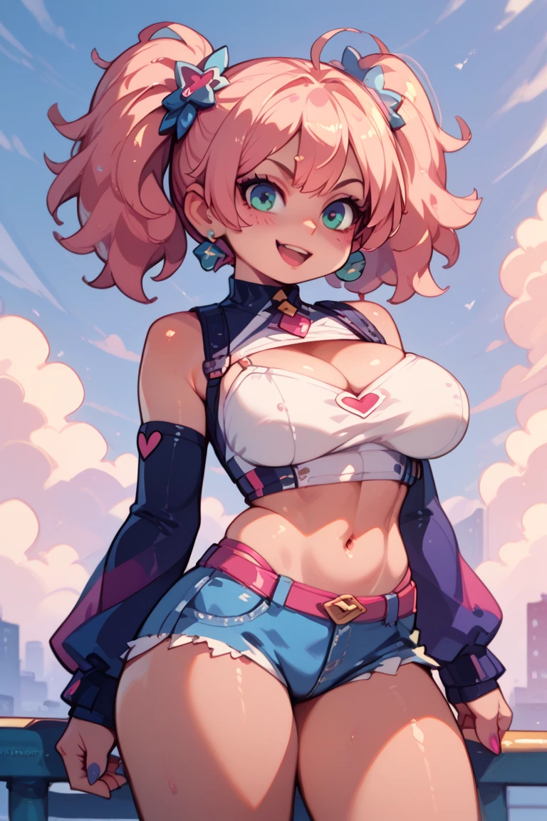 Mature woman, From below, elf, pink hair, blue eyes, (underboob:1.2), short skirt, (blush:0.8), glasses, Busty, curvy, thick, collarbone, large breasts, detailed face, motivated light, god rays, cameltoe, partially visible, juice, juice stain, running down thighs, squishy breasts