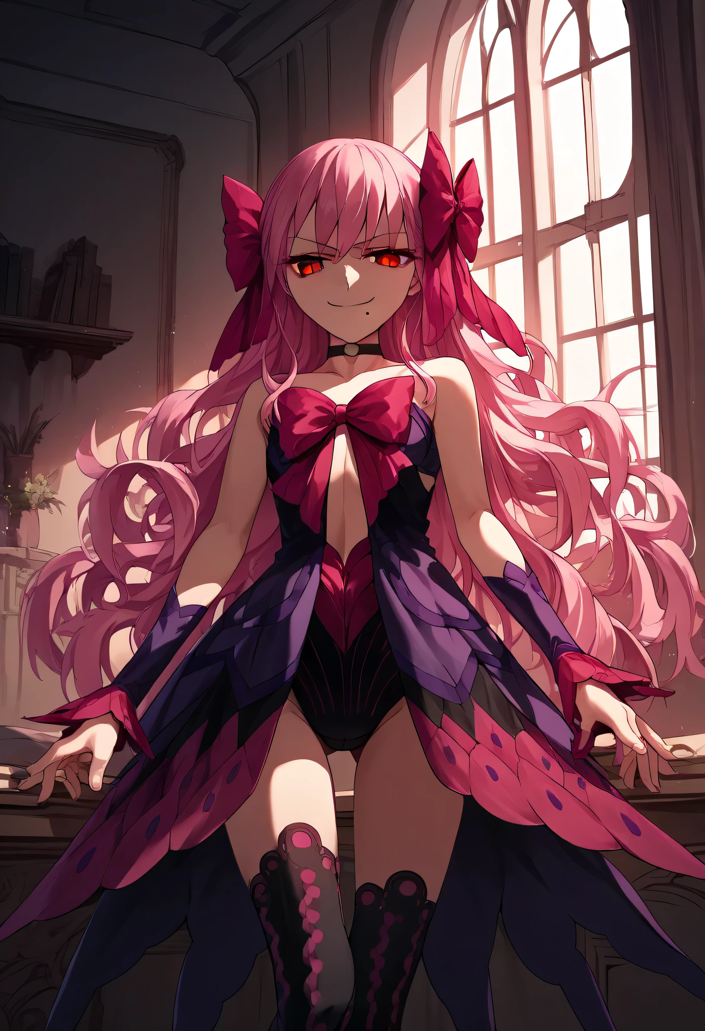 1girl, really long hair, pink hair, red eyes, mole under mouth, hair bow, choker, ribbon, leotard, center opening, bare shoulders, black thighhighs, wrist cuffs, laying, standing, cowboy shot, indoors, gothic, bedroom, score_9, score_8_up, score_7_up, score_6_up, score_5_up, score_4_up, BREAK source_anime, masterpiece,,very evil smirk,best quality,looking down at viewer