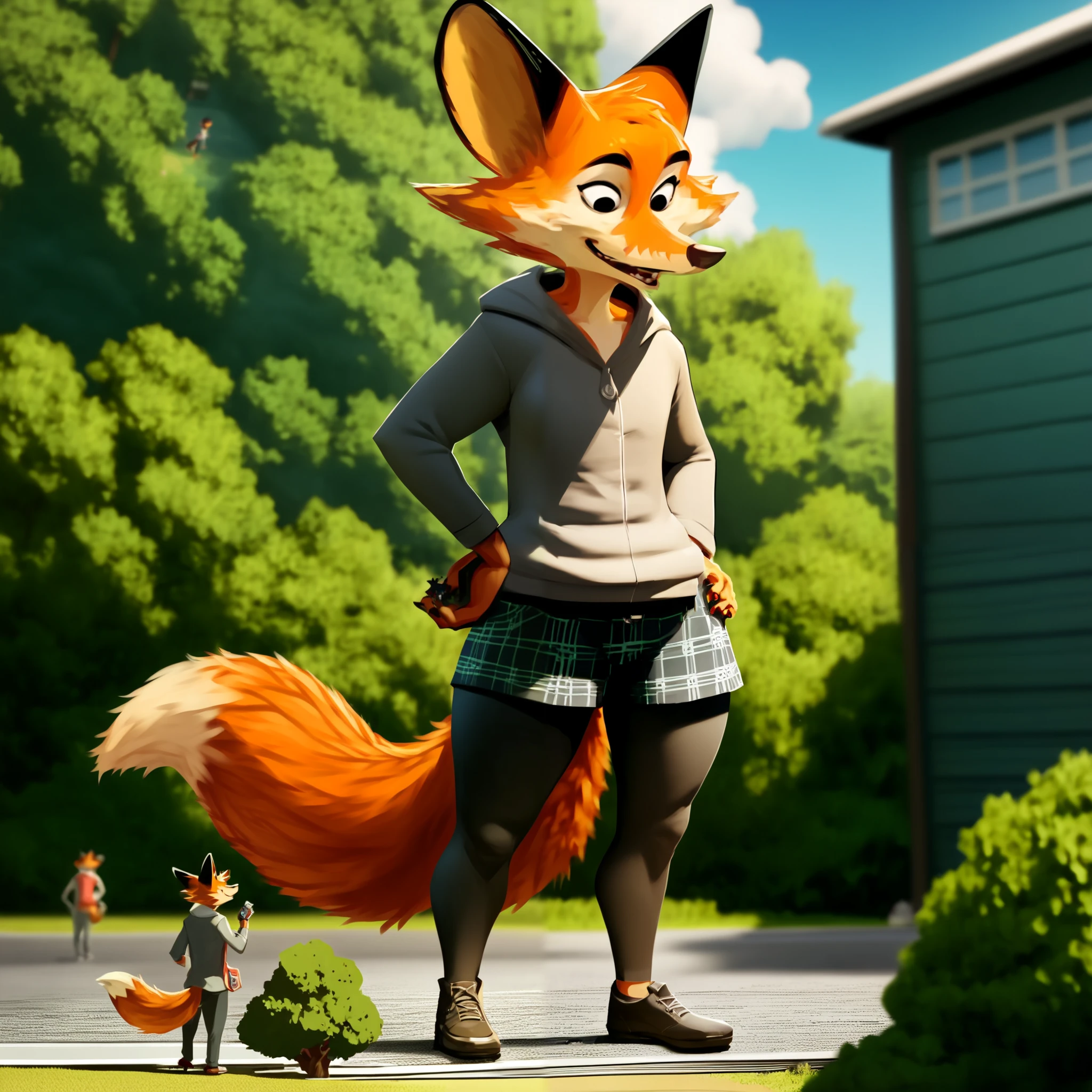 hairy, darma , fox ears , wide hips, thick thighs, FROM BACK, ángulo bajo, macro, al aire libre, smiling, black eyes, Looking at the spectator, full body, standing, long hairy tail