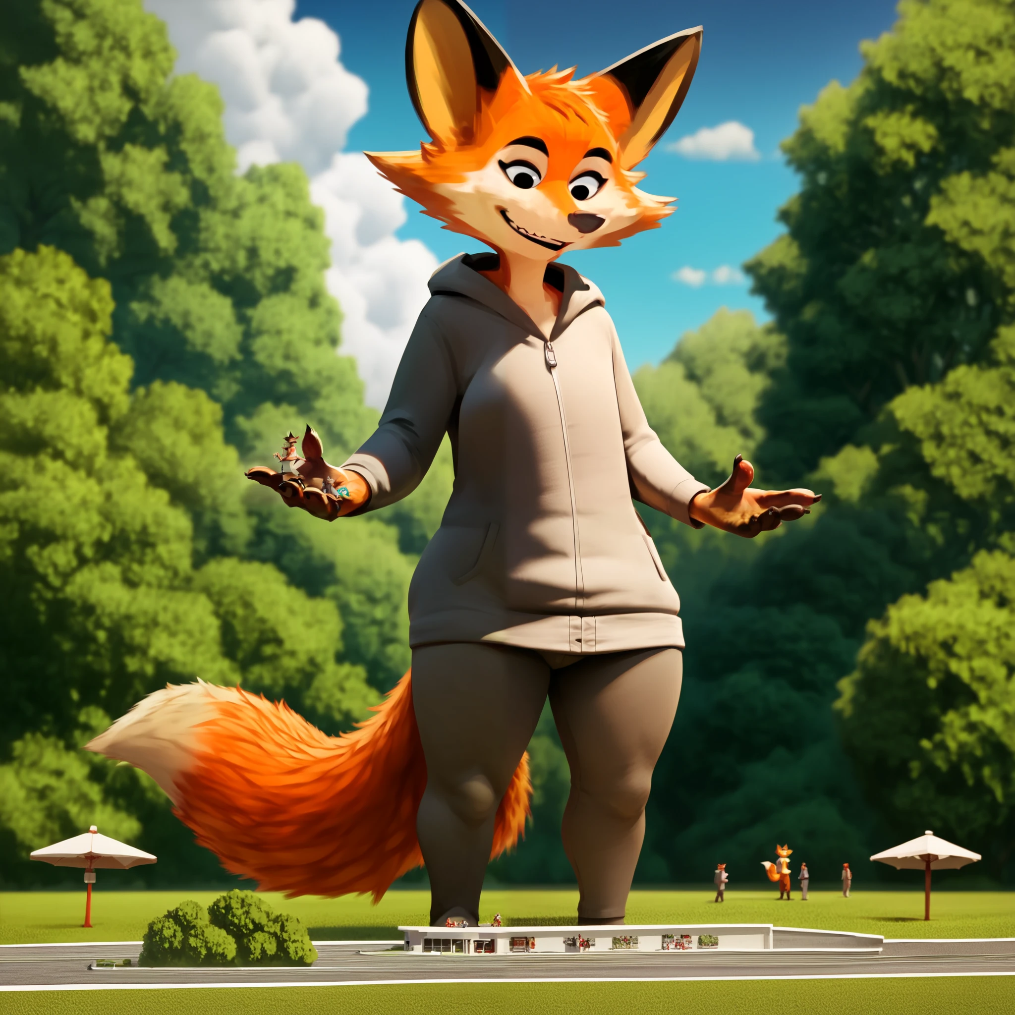 hairy, darma , fox ears , wide hips, thick thighs, FROM BACK, ángulo bajo, macro, al aire libre, smiling, black eyes, Looking at the spectator, full body, standing, long hairy tail