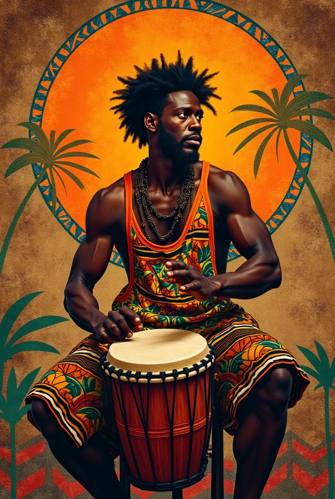 drawing of a dark-skinned man from the front, with body paintings on the upper part, with a straw skirt, and wooden sticks in both hands, dancing maculele, with white image background