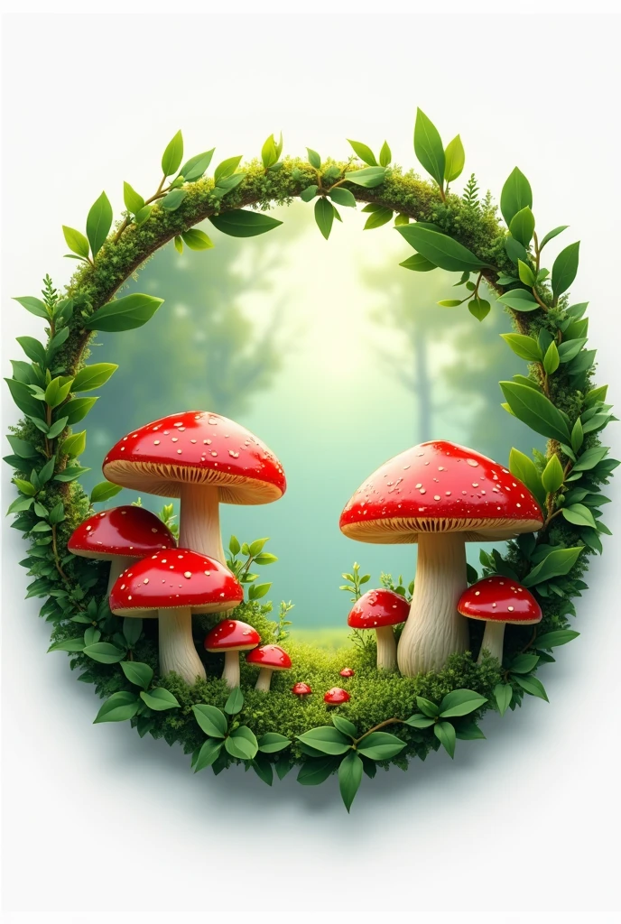 A circular-shaped logo with images of red mushrooms with green leaves as if they were in a landscape in the center, a void to place a Pixar-style photo with the phrase Pitufi Latam in 3D.