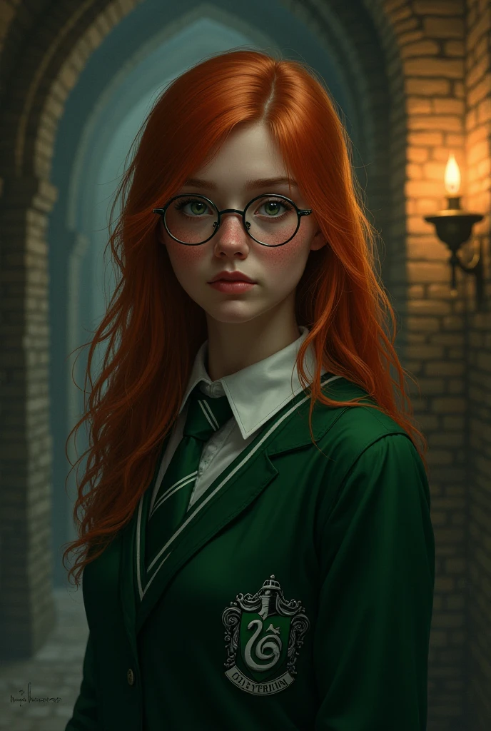 wooden house, a fireplace, boiler. Short, Red hair, green eyes,Witch's robe, green pointed hat on head, smile, girl , metal frame glasses.
