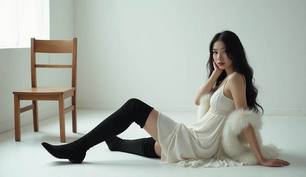 (whole body:1.5),(1 asian girl:1.3),(view viewer:1.4),(anatomically correct:1.3),(sitting in the snow:1.2),(See-through D chest(tube top)see-through miniskirt:1.4),( Thin black pantyhose:1.3),( Pointed-toe stiletto heels :1.2),(Accurate and perfect face shape:1.3),ultra high definition, Ray tracing, reflected light, Quite accurate, Award-winning, high detail, Lighten shadow contrast, face lighting ,movie lighting, masterpiece, Ultra-detailed, high quality, high detail, best quality, 16K,high contrast,foot focus,super wide angle(Focal length 135mm),Very thin clothes(See-through clothes),Extra large breasts, sexy look,Sexy outfit,,uhd,8K,realism,Images inspired by Hedi Xandt,foot center,masterpiece(precise),Highlights,Smile,slender legs,(Wearing socks on feet)(black high heels)