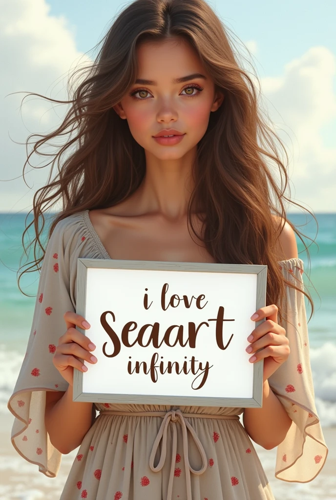 Beautiful girl with wavy long hair, bohemian dress, holding a white board with text "I Love Seaart Infinity" and showing it to the viewer