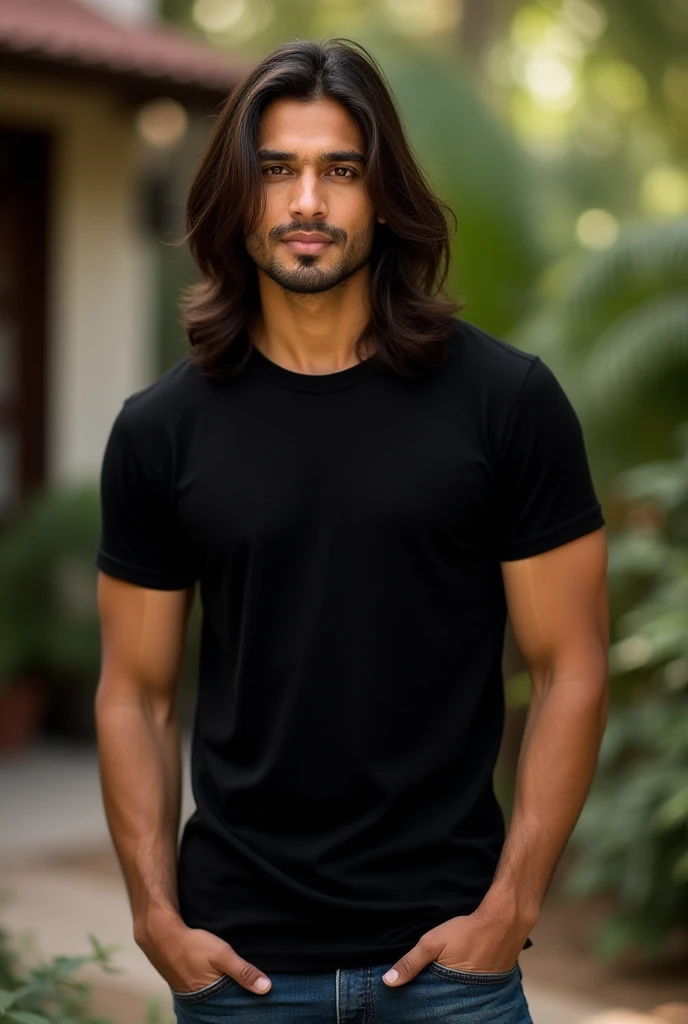 Believe me, a 20-year-old man, long black hair that is somewhat fluffy, brown but deep eyes, somewhat dark skin, clothing, a tight black T-shirt that has no sleeves, good physique, pants similar to that of a military man, boots Brown color that reaches their knees, Tall and handsome. PELO LARGO
