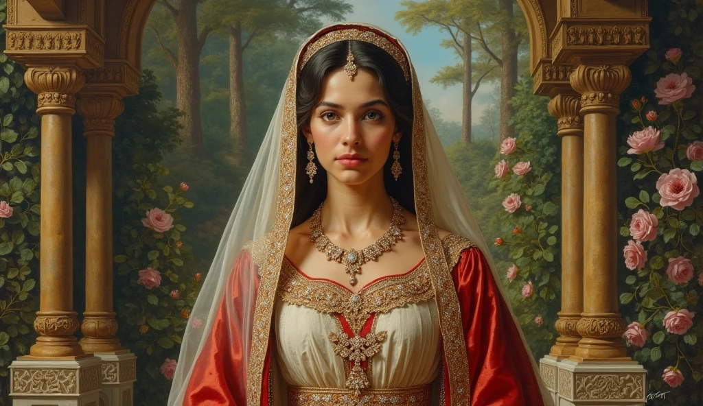 Persian Qajar period woman , in traditional red-pink clothes , background contains painting of nightingale among rose and peony flowers, floral frame , ((perfect rectangular frame))