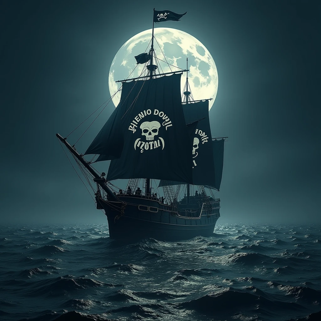 Design a minimalist and simplistic logo of a Viking drakkar with a black sail. The sail features a skull with a bandana in the center, inspired by a pirate theme. The Viking shields along the sides of the drakkar should be the only elements with color, alternating between black and yellow. The overall style of the logo should be similar to The Pirate Bay logo, using bold, clean lines to convey a strong, rebellious maritime aesthetic