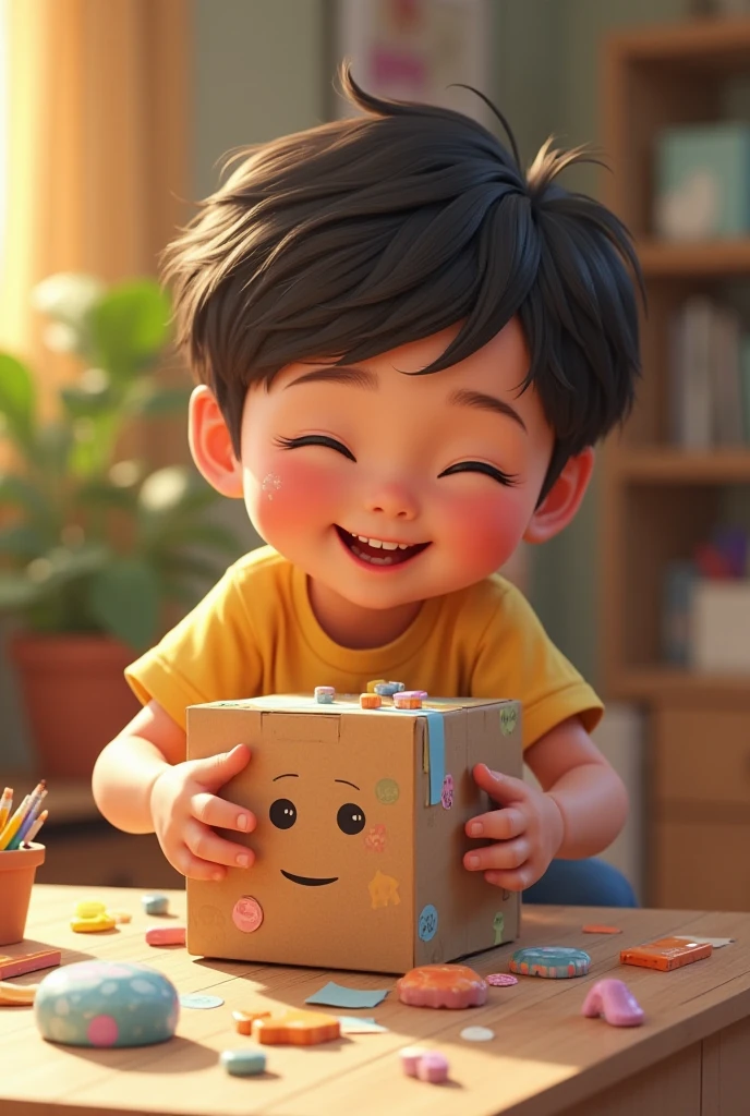 chubby cheeks boy then at studio streaming
And have snacks at the right side of table and have words of the background kumu streaming
Make it cartoons 3d just a little chubby show more
