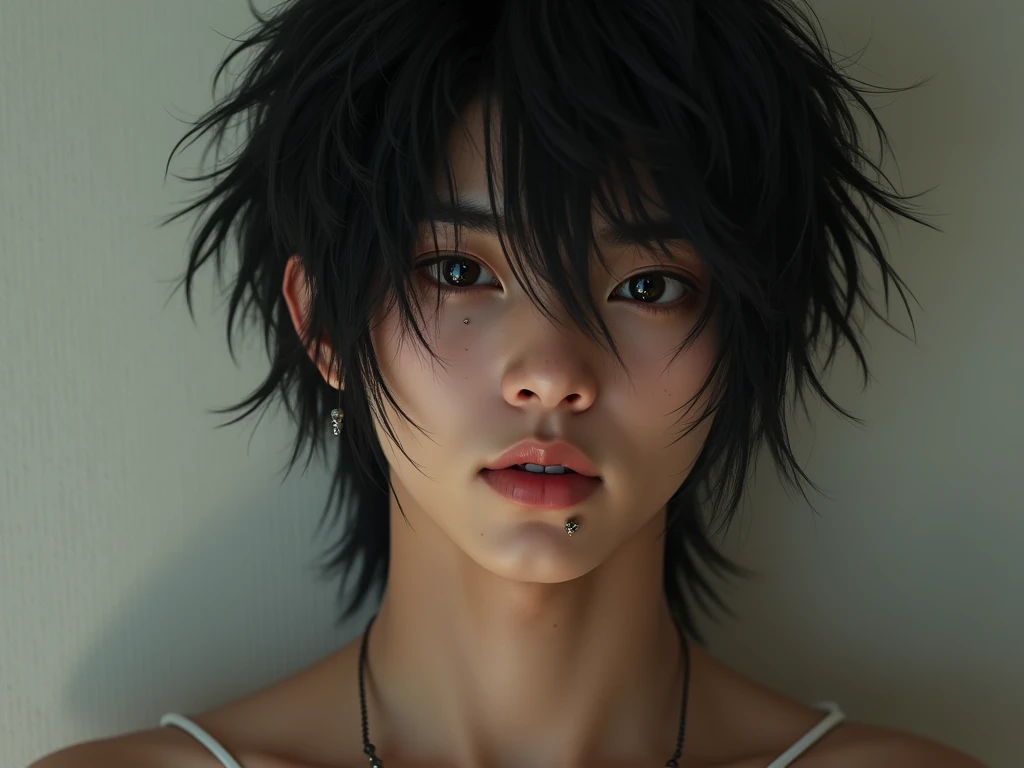 create a realistic korean demon vampire man with a young face, with black hair short hair style, stark, muscular and broad-shouldered and shirtless, with an evil look and no beard