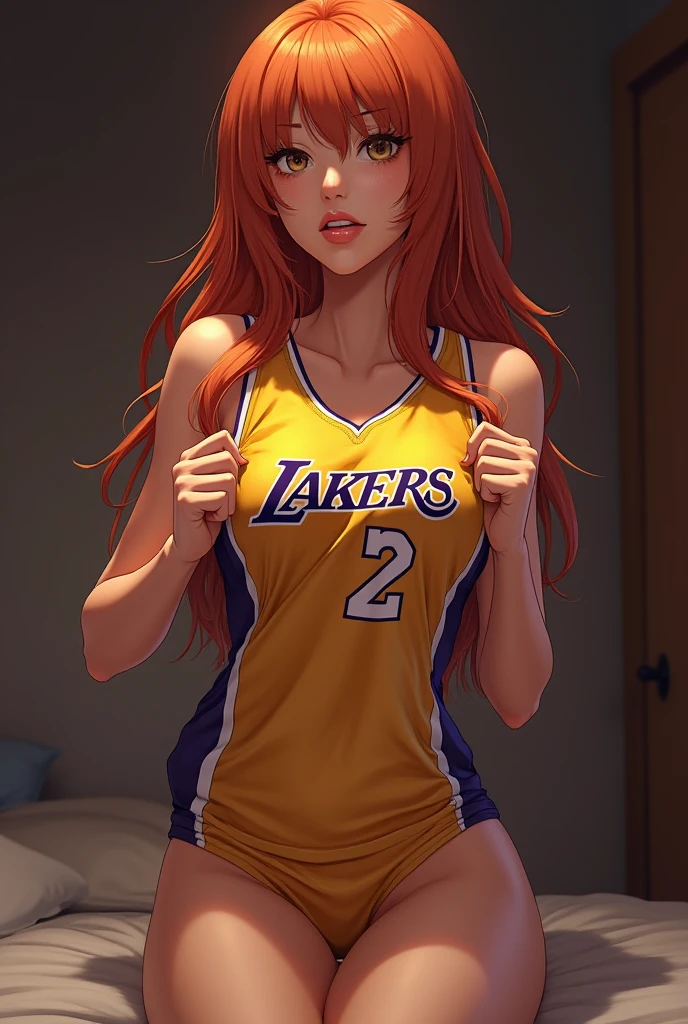 Descomunal tits Erza scarlet, she has really big tits, she has a gym girl body,  she's partial naked, she is wearing a lakers jersey, she is lying in a bed, she's wet. 