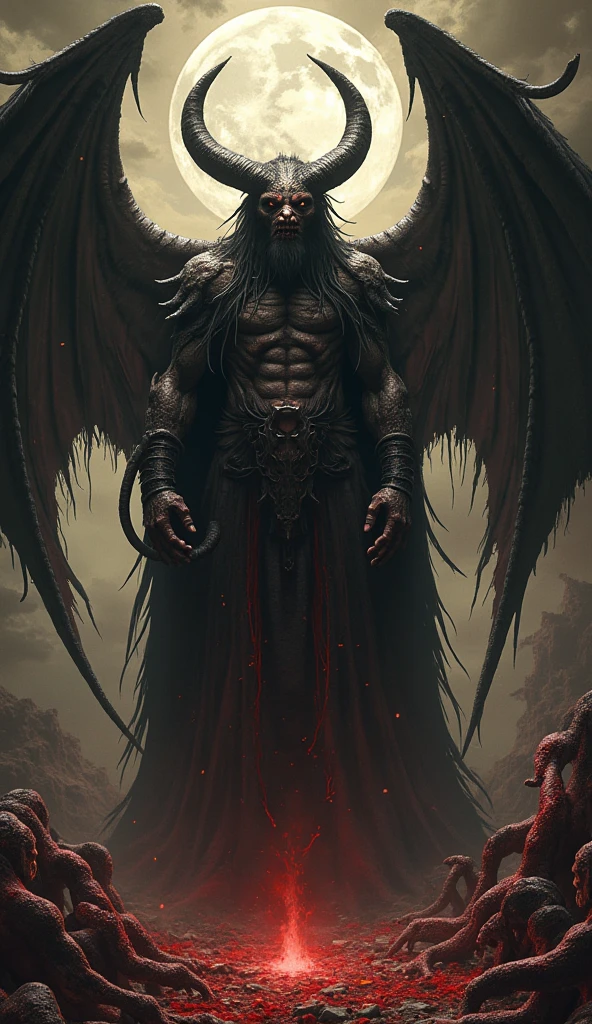 Humanoid Demon, grey skin, tall, long black hair, orange glowing veins, black feathered wings, muscular, small horns and claws