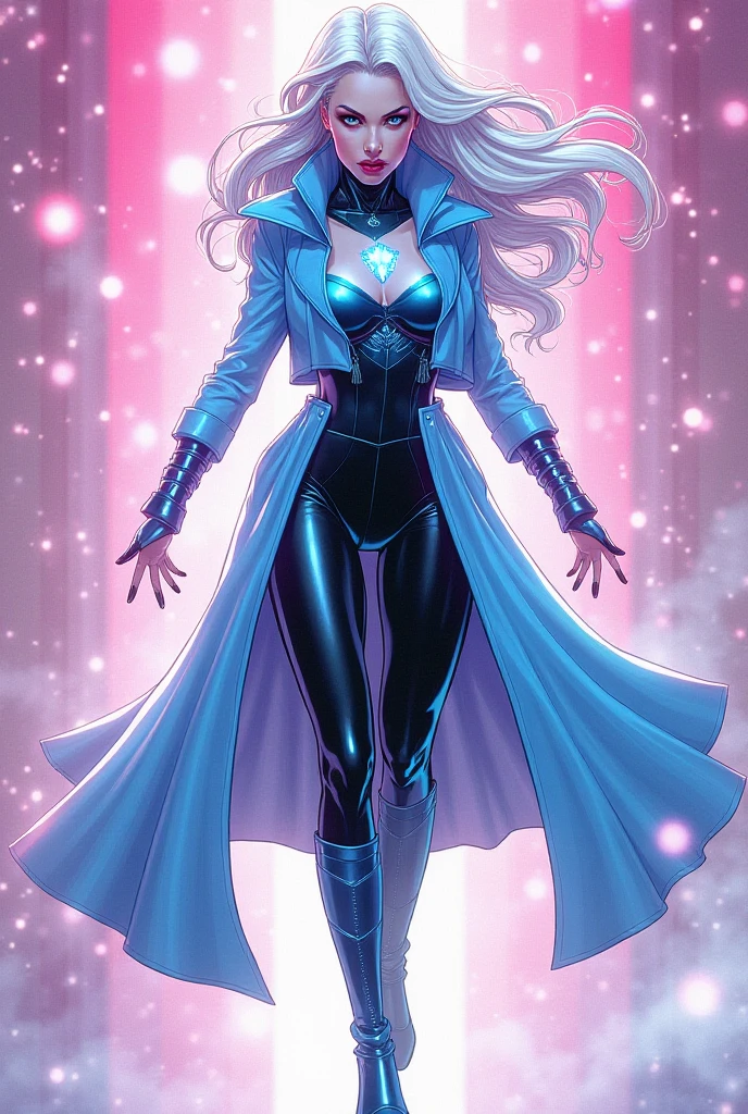 American classic comic book art: Clea, ethereal young boy, intermediate light white hair with beautiful messy, pointy ears, purple-indigo tight bodysuit adorned by mystical symbols, dark gloves, purple long sleeves, purple world of dreams, conjuring energy blade on forearm,very nicebutt, magenta cape adorned with symbols, sorcerer, white eyes, showing thighs, very young face man, beautiful thighs, classic comic book,