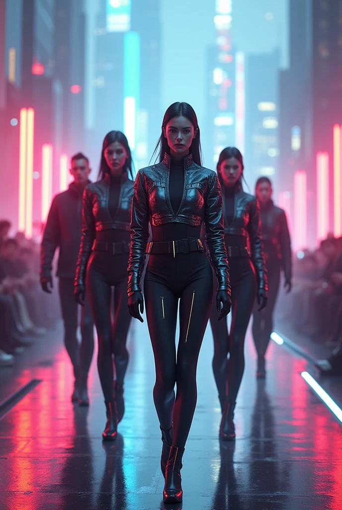 {Photorealistic Instagram image of a sleek, futuristic fashion ensemble} set in a modern, ambiently lit corridor. The model wears a {form-fitting, high-collared bodysuit in a deep purple hue}, with {subtle metallic accents} and a {zip-up front}, featuring {structured shoulders for a powerful, futuristic silhouette}. Over the bodysuit, a {tailored, cropped jacket in a striking emerald green} is styled, made from a {matte fabric with a soft, velvety texture}. The jacket boasts {sharp, angular lapels and is fastened with a wide, black belt with a silver buckle}. The bottom half consists of {high-waisted, straight-leg trousers in the same emerald green as the jacket}, with a {slight sheen and a sleek, streamlined design with concealed pockets}. The model's {ankle-high, pointed-toe boots in glossy black leather} feature {chunky heels and silver zip details on the sides}. Accessories include {oversized, square sunglasses with reflective, mirrored lenses in deep amber}, and {sleek black gloves made from a soft, stretchy fabric}.
The setting is a {futuristic corridor illuminated with ambient lighting in shades of cool blue and soft purple}, creating a {subtle glow along the edges}. The model stands {confidently at the forefront with her arms crossed and an assertive expression}. Behind her, {four models are positioned in a staggered line, each slightly blurred to emphasize the leading figure}, wearing {similar outfits in alternating colors of deep purple and black}. The lighting is {cool and diffused, with soft shadows that add depth and dimension}, and the {polished floor reflects light, enhancing the futuristic feel}. Editing focuses on {enhancing the emerald green and deep purple hues to stand out vividly against the cool-toned background}. The overall image is {sleek, sophisticated, and carries a touch of mystery}. {High-resolution, crisp details, dynamic lighting}.