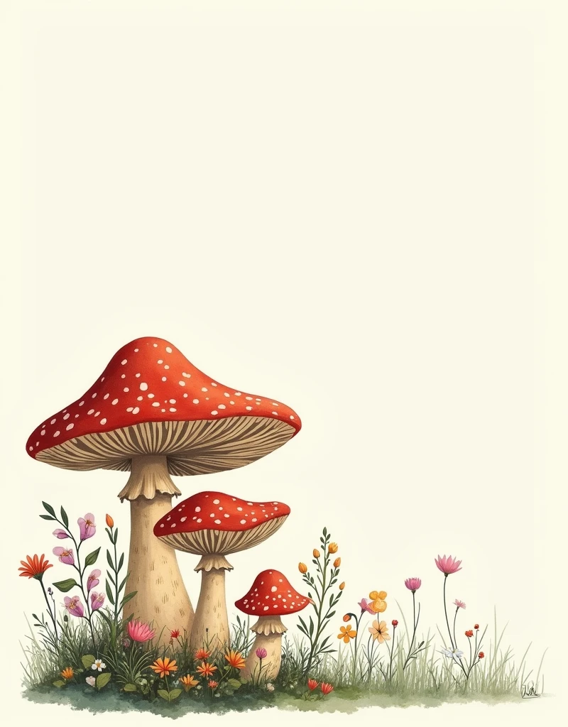 "A beautifully hand-colored illustration featuring a cluster of large, whimsical mushrooms surrounded by delicate flowers. The mushrooms vary in size and shape, with some having wide, rounded caps and others with tall, slender stems. Their surfaces have natural textures, slight curves, and soft shading that mimic a hand-colored effect. Small wildflowers and leafy plants sprout around the base, filling the lower portion of the image with organic beauty. Some mushroom caps have tiny decorative details like subtle ridges or gentle spots, while others are smooth and bold. The flowers vary in shape and size, with a mix of delicate petals and fuller blooms. The background is minimal, allowing the mushrooms and flowers to remain the focus, with only faint grass and subtle lines suggesting depth. The color palette is vibrant yet natural, with earthy browns, soft reds, gentle pinks, and calming greens. The upper portion of the page remains open and uncluttered, providing the perfect space for text or a book title without disrupting the design."