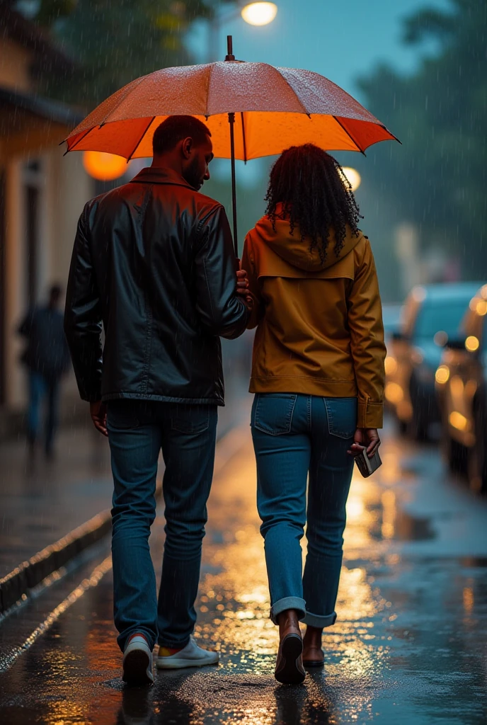Couple in love walks in the rain 