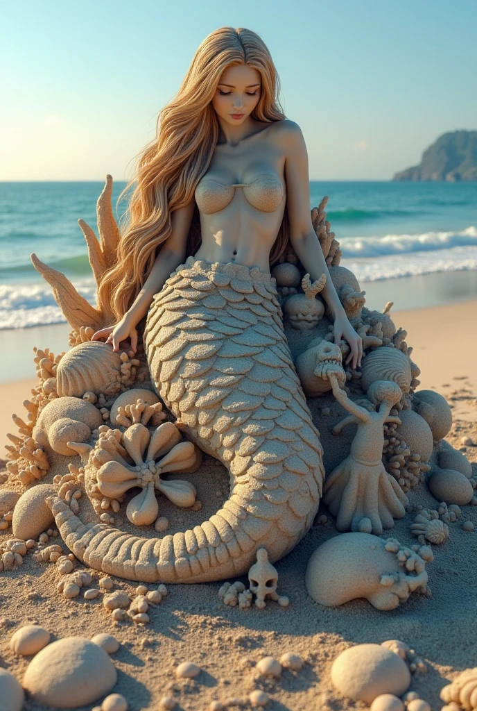 a woman with a starfish over her eyes wearing it as if it were a mask over her eyes and the starfish has small blue lights that shine, the woman stands on a black stone carved with symbols in a rough sea rising hands towards the sky in a Sandro Botichelli style painting, with slightly blue skin and small scales on her face, she has long hair decorated with gold and pearly tiaras and breasts covered with shells (Lying position on the carved rock with a pronounced mermaid tail )