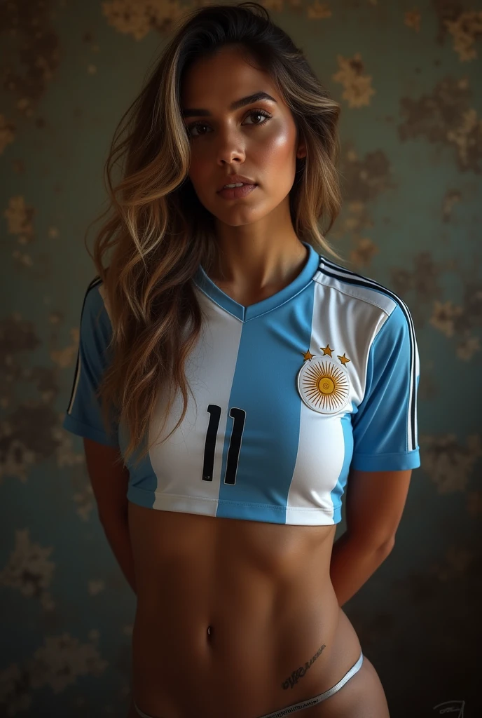 Beautiful women wearing argentina
Jersey with lean body with muscles