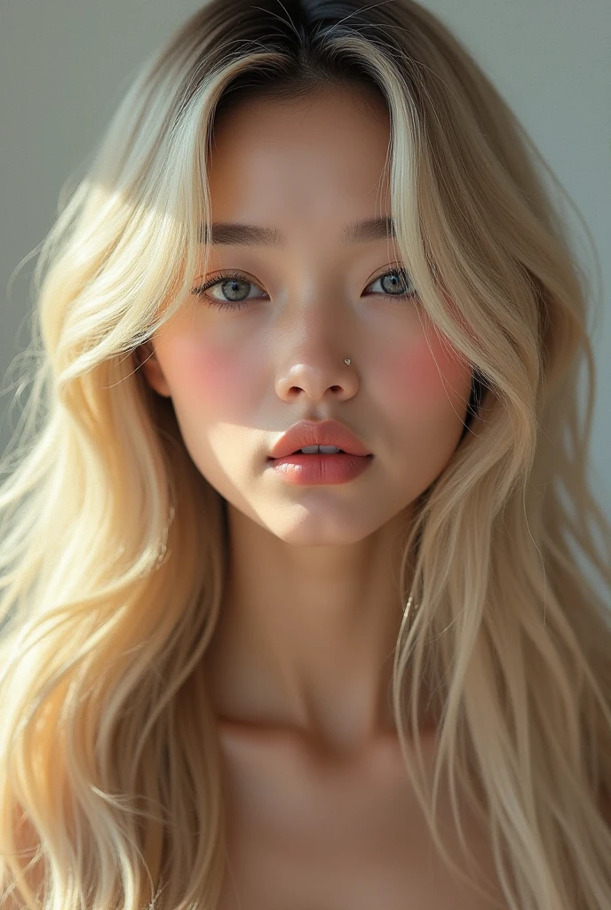A YOUNG ASIAN WOMAN WITH LONG BLONDE HAIR, LARGE BREASTS - SEXY - CLOSE UP PHOTO