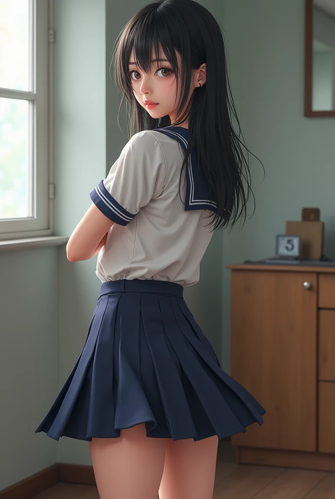 Female anime wearing school uniforms、I'm posing in a very sexy pose, 1girl in, Solo, Ass, Skirt, Underwear, Panties, White panties, Looking at Viewer, Long hair, School uniform, neckerchief, Blue eyes, Pleated skirt, Skirt lift