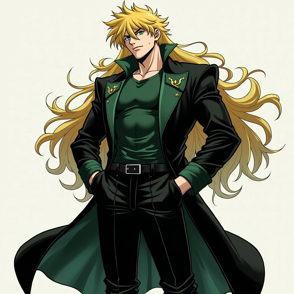 Generates a waist-up image of a French man with an annoyed and serious expression, tall with purple eyes, purple star earrings, Long fluffy blonde hair with a hairstyle similar to Johnny Joestar's but more noticeable and bigger. A long dark green jacket not buttoned, shirtless but with two black belts forming an X on his chest, a black cargo pants and dark red shoes, a black and white belt with a star in the middle. jojo's style.