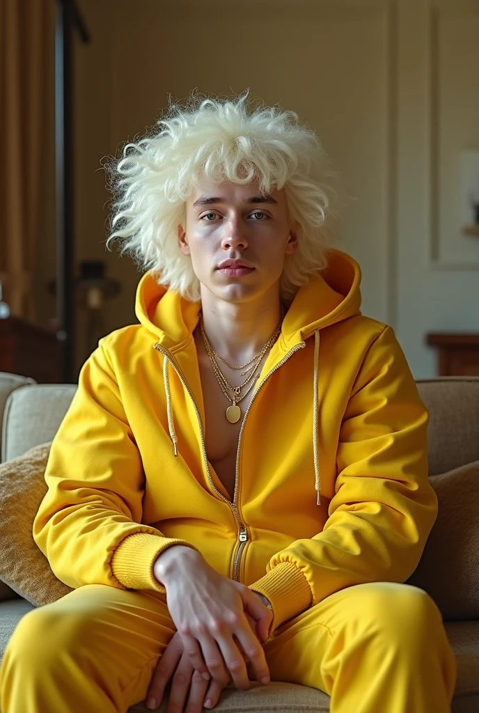 full view full body, blond teen-ager boy Aaron Carter with clean undercut haircut, silver rings, wearing shiny orange rubber suit and white 'Heron Preston' socks, lying on couch in his luxurious living-room of his manor