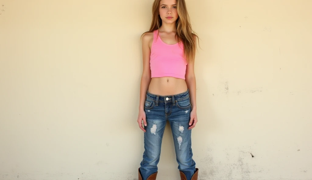 Cool, beautiful, gorgeous 13 year old girl, long blonde hair, wearing purple top, denim shorts, gold hoop earrings, blue-green eyes, smiling, in Beverly Hills, perfect face