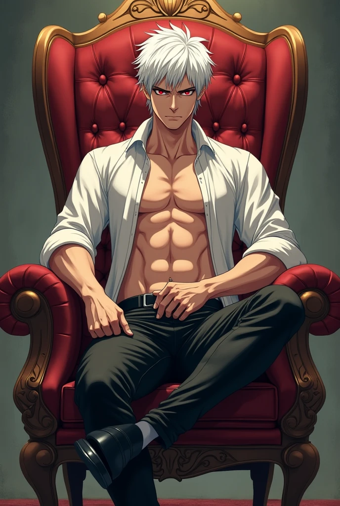 A young naked muscular anime man with white hair wearing a blindfold with a smirk. He is sitting in a room oon a chair abd his bare feet are showing