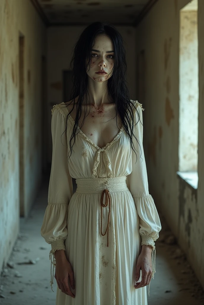 Realistic Japan horror movie taste images, masutepiece, (Best Quality), (absurdness quality), High resolution, 32K, (Photorealistic:1.4), Black hair, {{{Ultra-realistic photos of Sadako}}}, (((torn, Strapless, White Dress))), {{{Long hair above the eyes, eyes covered, The whole face hidden by long hair}}}, Spooky Ghost Woman, Messy abandoned house, TV in room, Dark atmosphere, Super huge cleavage exposed from white dress, Full body shot, whole room view, Super big spilled out of the dress,