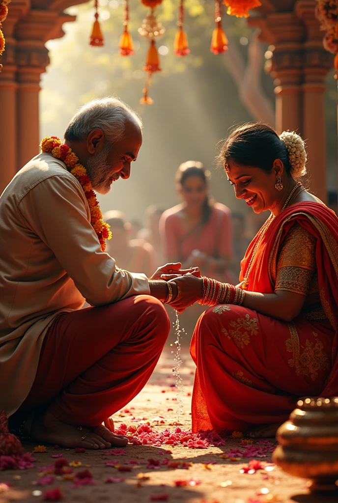 An Indian priest going into a house and asking a woman for soil