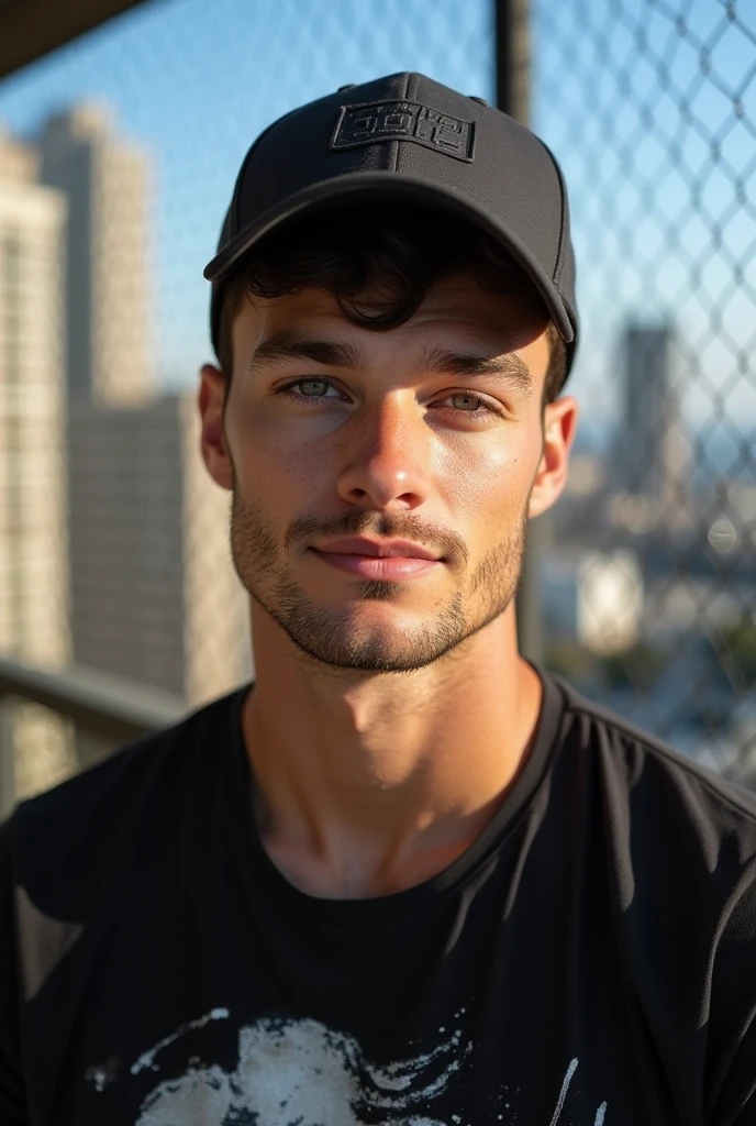 A young handsome masculine attractive rugged handsome man 22 years old black shirt detailed face sitting on a hill black baseball cap