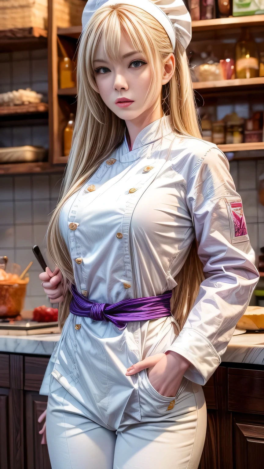 highres, masterpiece, nakiri erina, shokugeki no souma, blond, solo, 1girl, cute, detailed eyes, long hair, purple eyes, chef outfit, white jacket, white pants